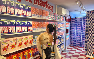 Woman holding a dog in her arms while she is perusing through an aisle of products set up to look like a grocery store aisle.