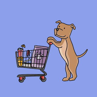 Illustration of a dog standing on two feet pushing a grocery cart. Image is the promotion image for the Pup Up Summer Market event